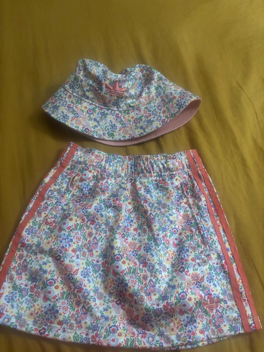 adidas Girls Floral Skirt and Bucket Hat Set - Pink, Blue, Green